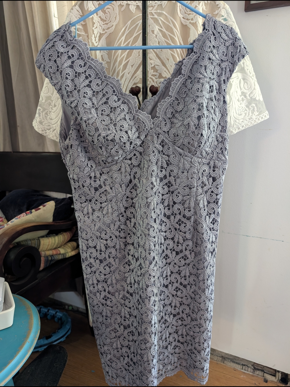 MARINA Silver-Gray Lace Evening Dress
